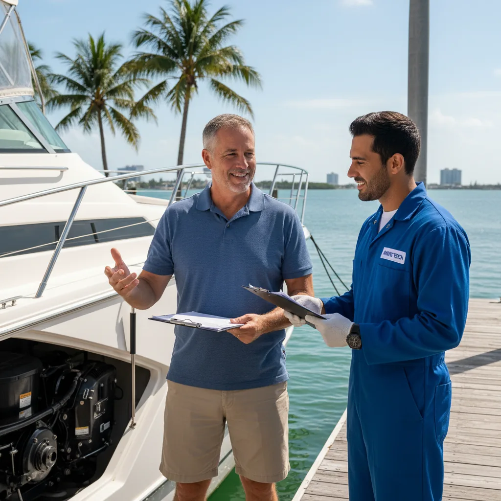 Boat owner asking a marine mechanic questions on the dock in Miami - Boat Repair Miami