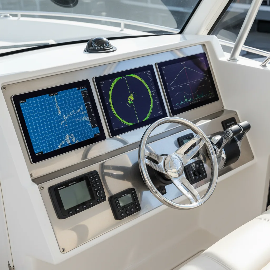 Modern marine electronics dashboard with multifunction displays installed on a Miami boat - Boat Repair Miami