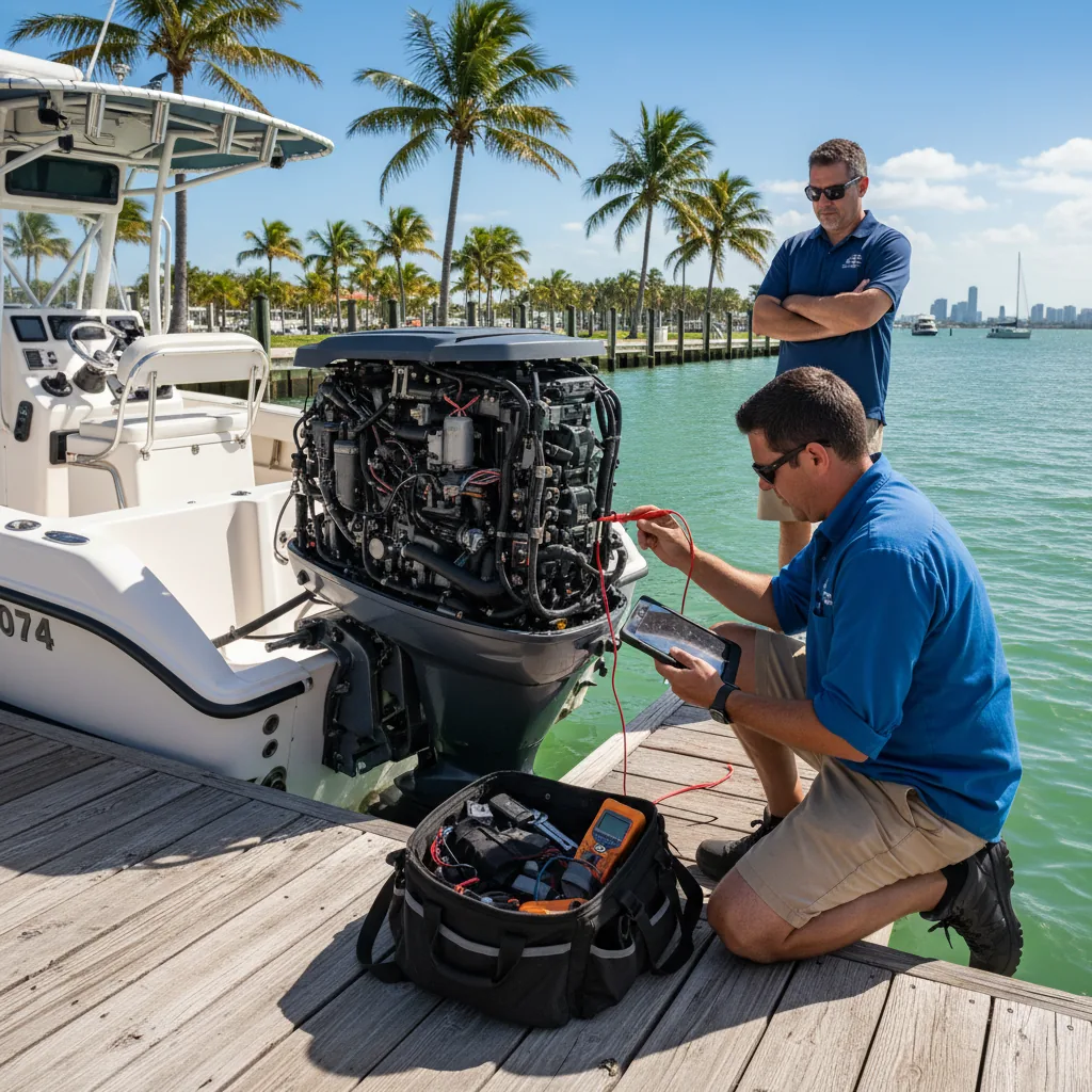 Marine mechanic diagnosing a common boat repair issue in Miami - Boat Repair Miami