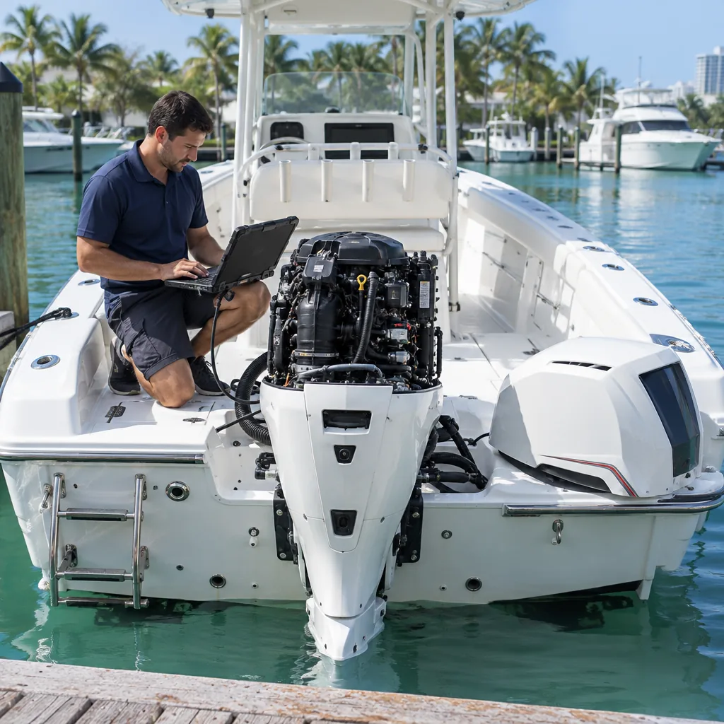 Mechanic with the cowling off an Evinrude E-TEC outboard on a center console at a Miami dock - Boat Repair Miami