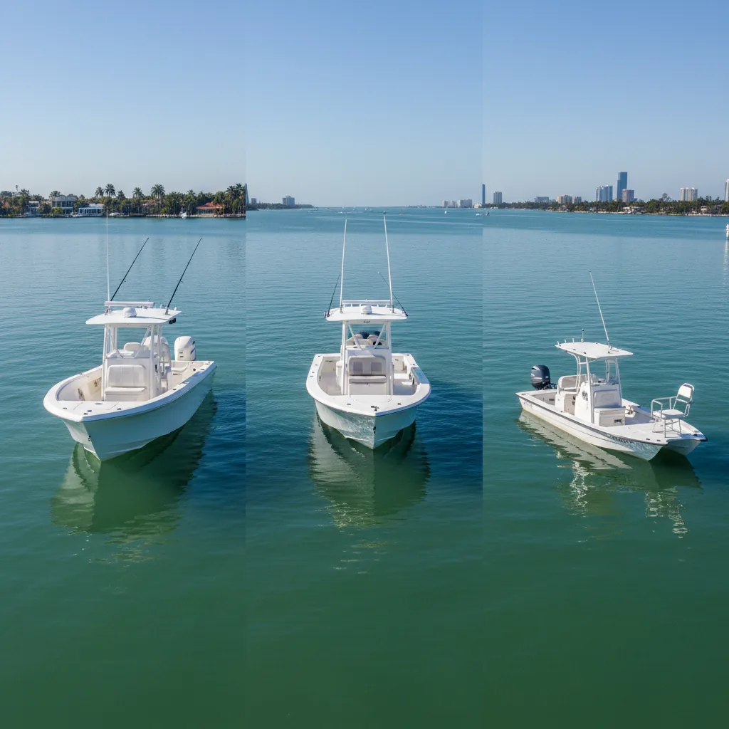 Three Miami fishing boat hull styles side by side at a marina - Boat Repair Miami