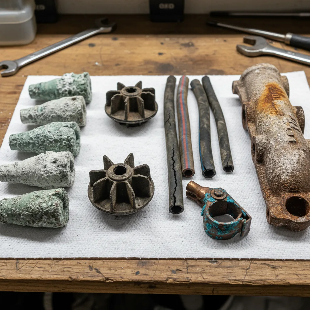 Worn marine parts laid out for inspection comparison - Boat Repair Miami