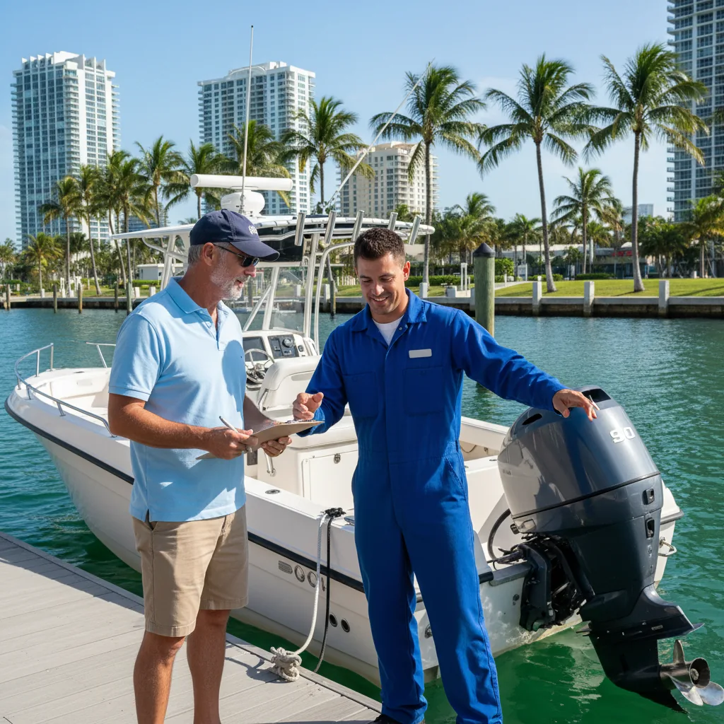 Buyer inspecting a used boat for sale on a Miami dock with a mechanic - Boat Repair Miami