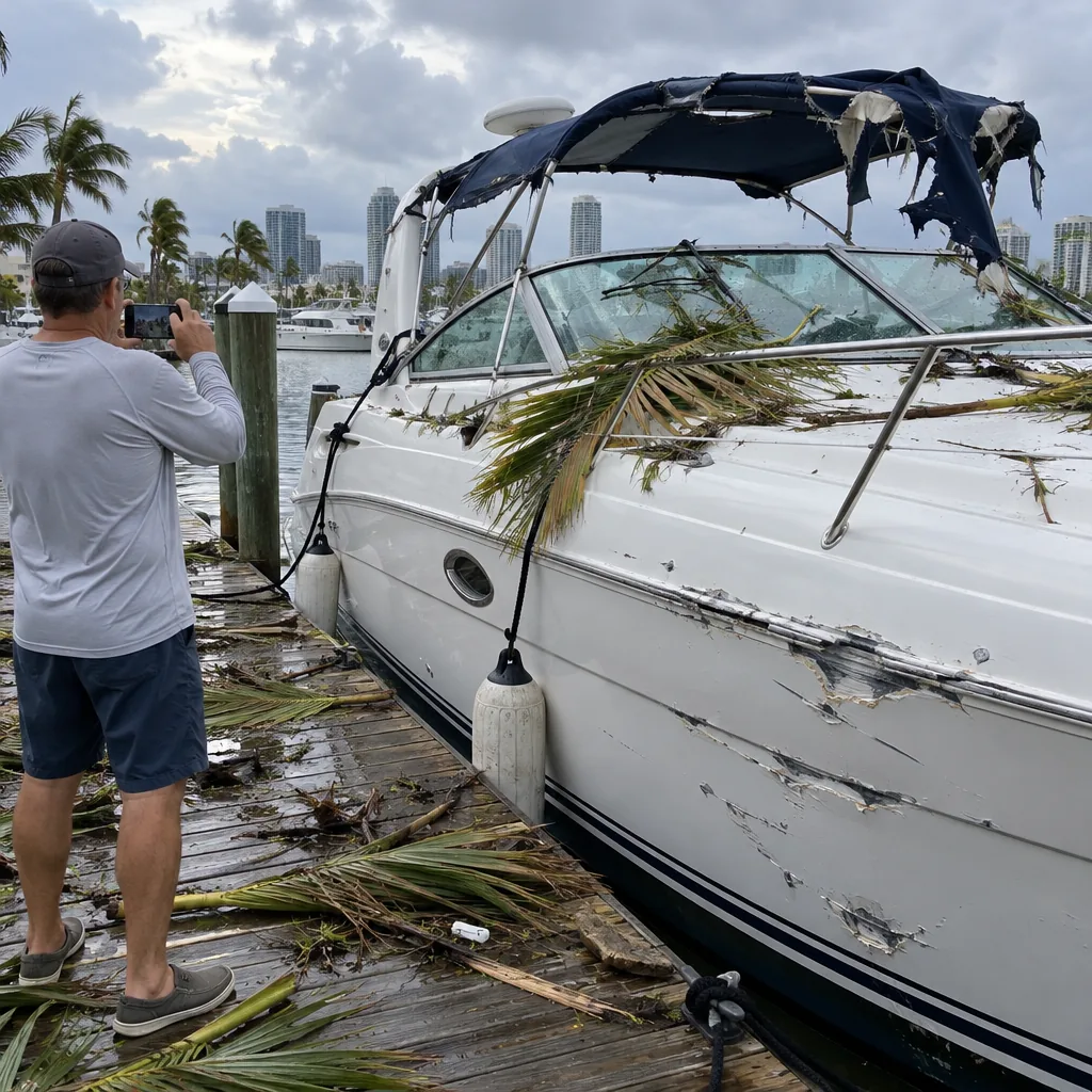 Boat owner photographing storm damage on a cabin cruiser at a Miami marina for an insurance claim - Boat Repair Miami