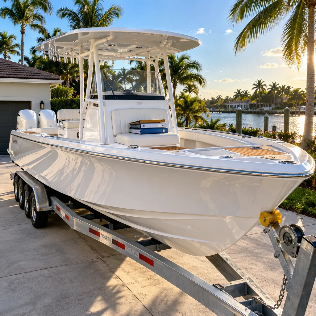 Freshly detailed center console boat on a trailer in Miami with maintenance records ready for buyers - Boat Repair Miami