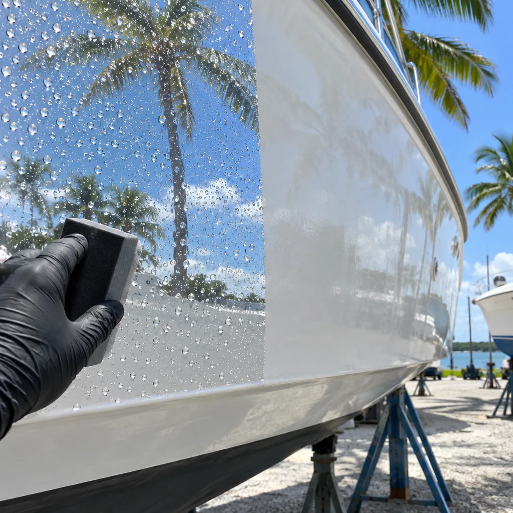 Gloved hand applying ceramic coating to a white gelcoat hull with water beading on the coated side, boat on stands in a Miami boatyard - Boat Repair Miami