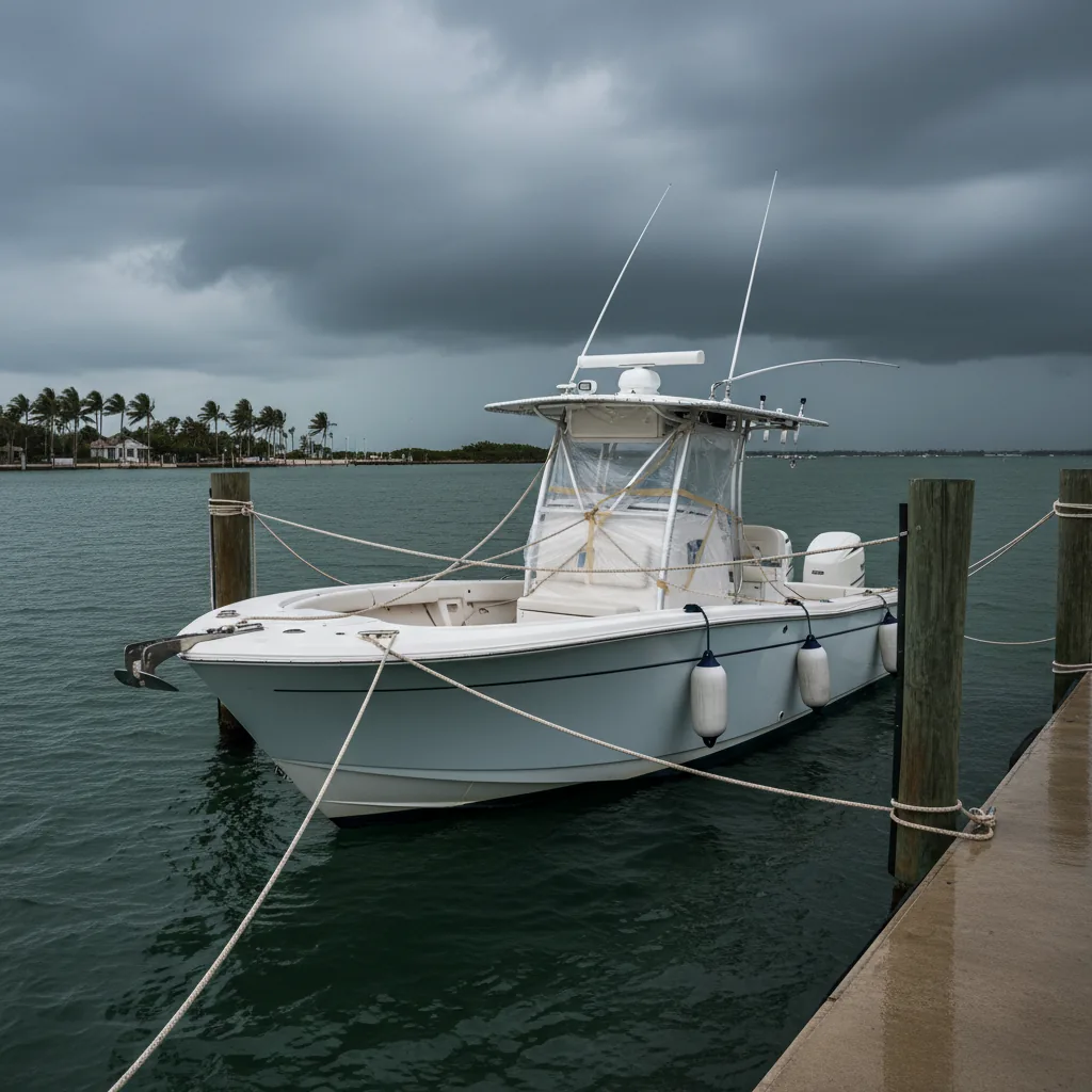 Boat secured with hurricane straps and stripped of canvas at a Miami marina - Boat Repair Miami