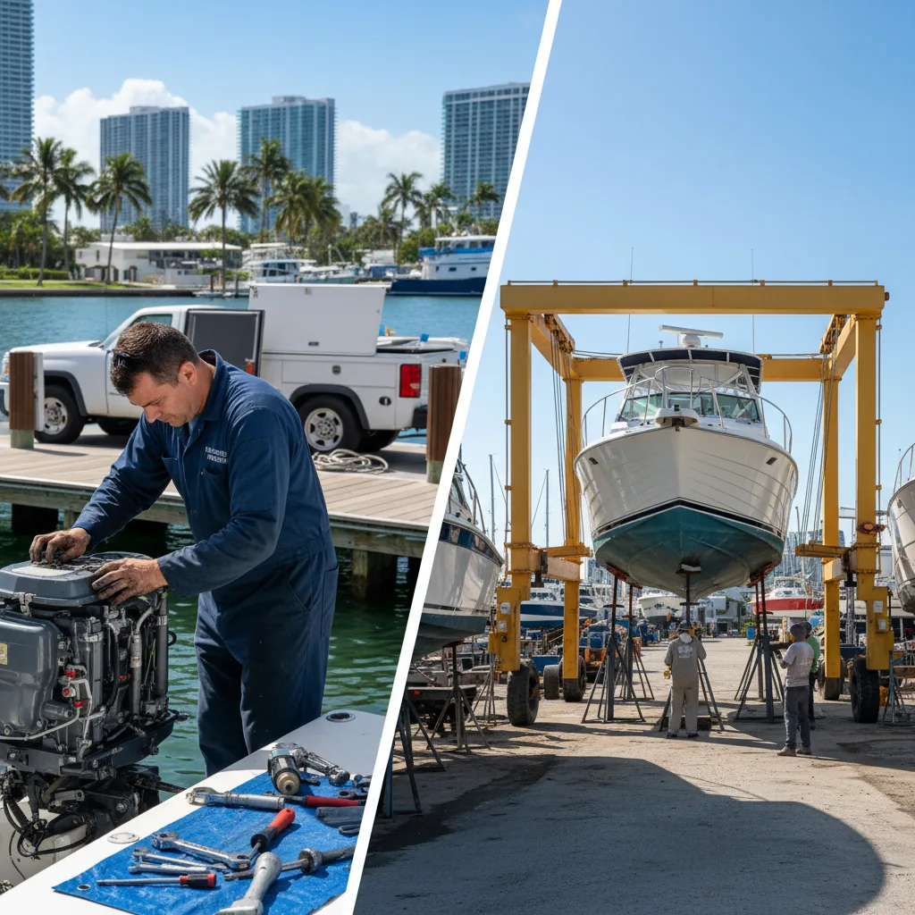 Mobile marine mechanic working at a Miami dock alongside boat yard imagery - Boat Repair Miami