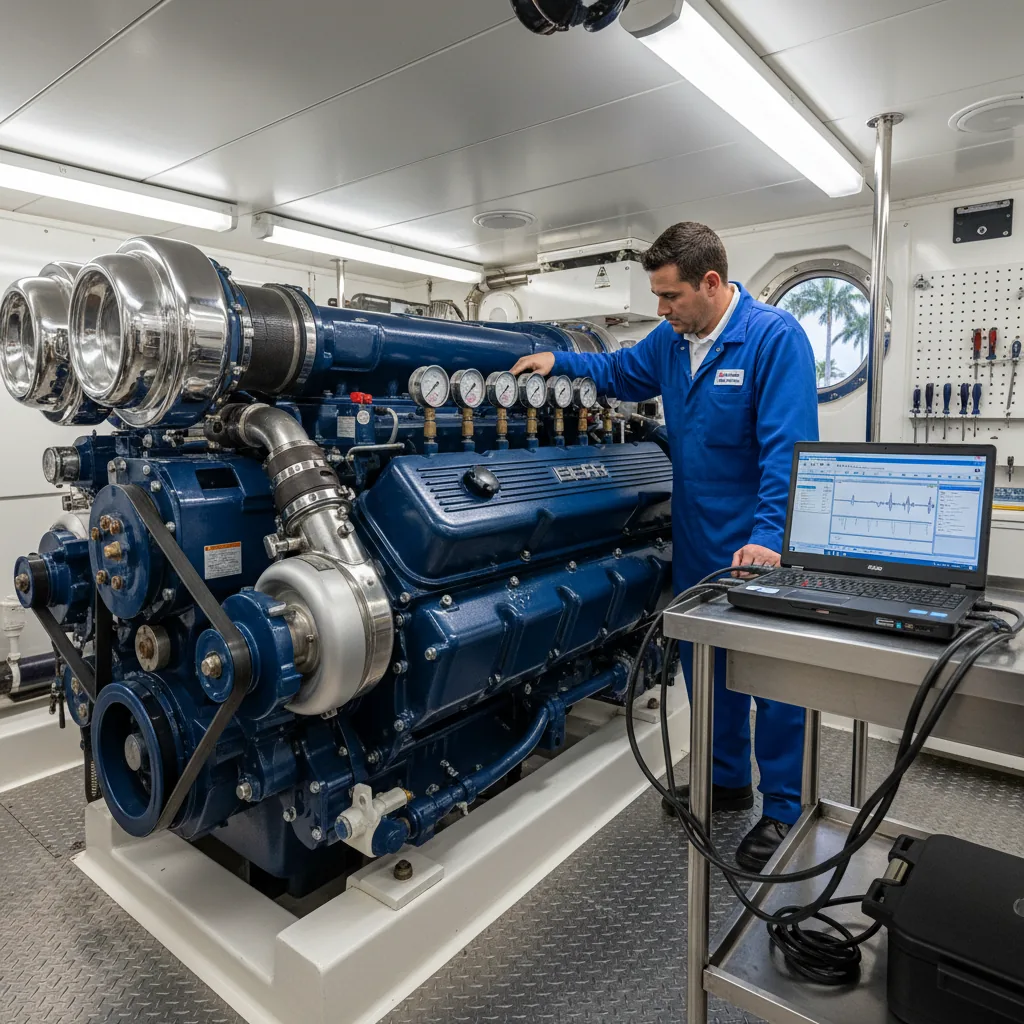 Marine diesel engine being evaluated for rebuild or replacement on a Miami yacht - Boat Repair Miami
