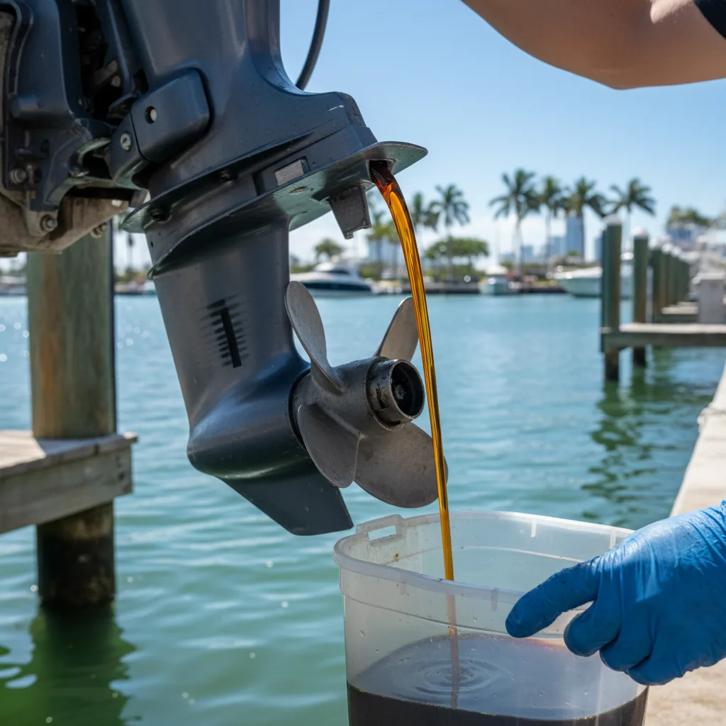 Mechanic draining lower unit oil on a Miami outboard engine - Boat Repair Miami