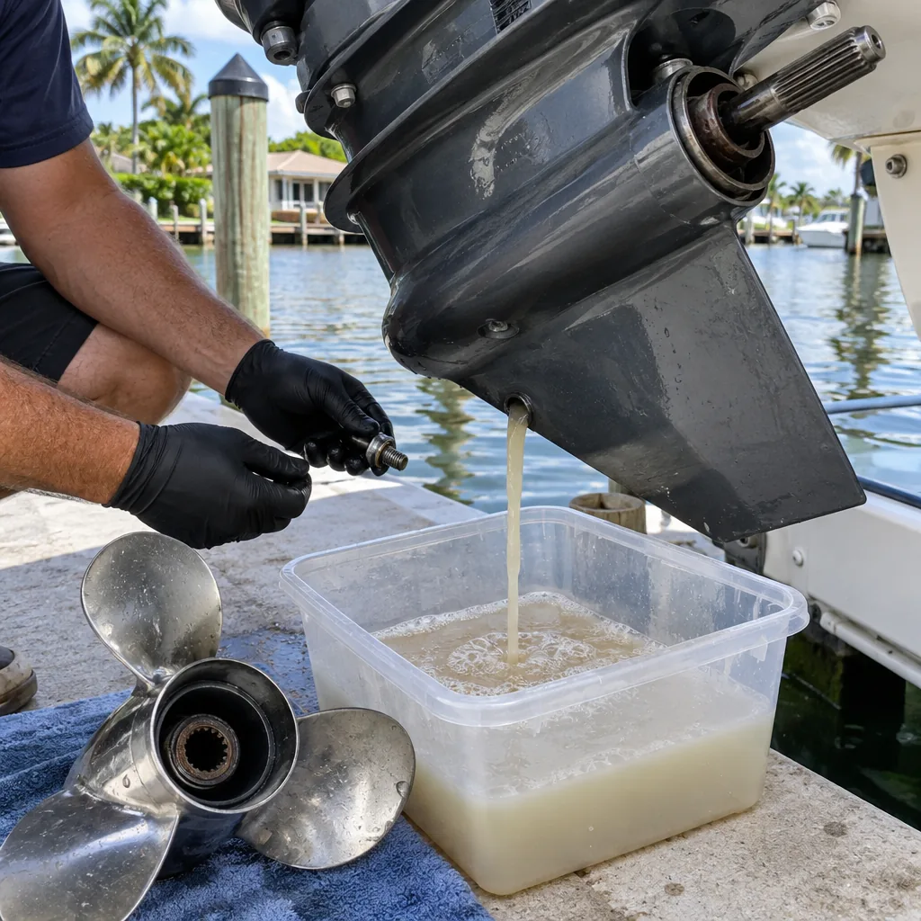 Mechanic draining milky, water-contaminated gear oil from an outboard lower unit at a Miami dock - Boat Repair Miami
