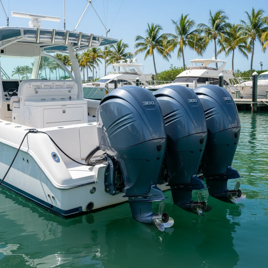 Center console boat transom with multiple outboard motors mounted - Boat Repair Miami