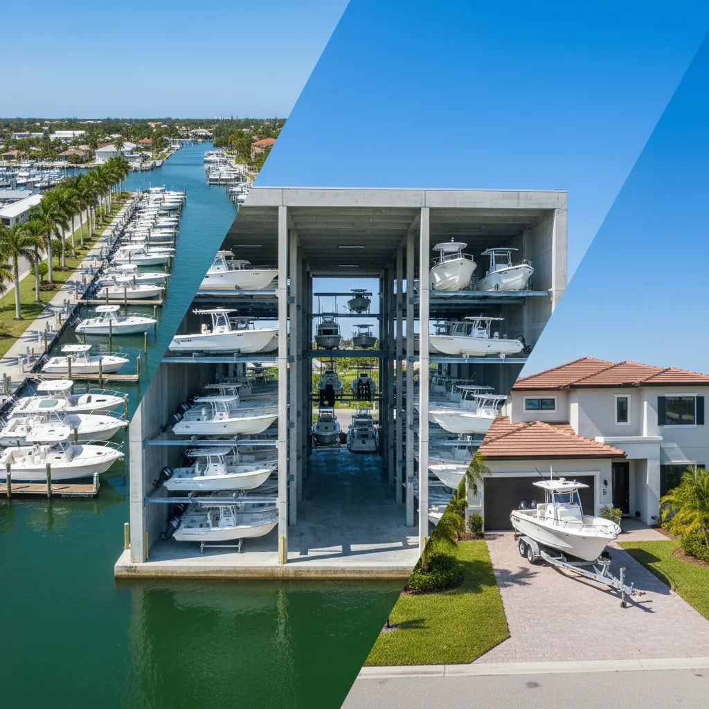 Wet slip, dry stack, and boat trailer storage options at a Miami marina - Boat Repair Miami