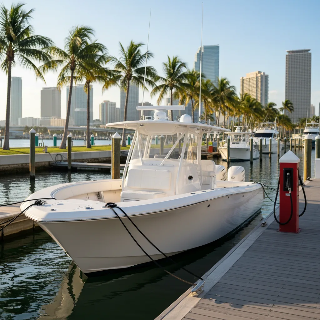 Boat at a Miami marina with cost breakdown overlay - Boat Repair Miami