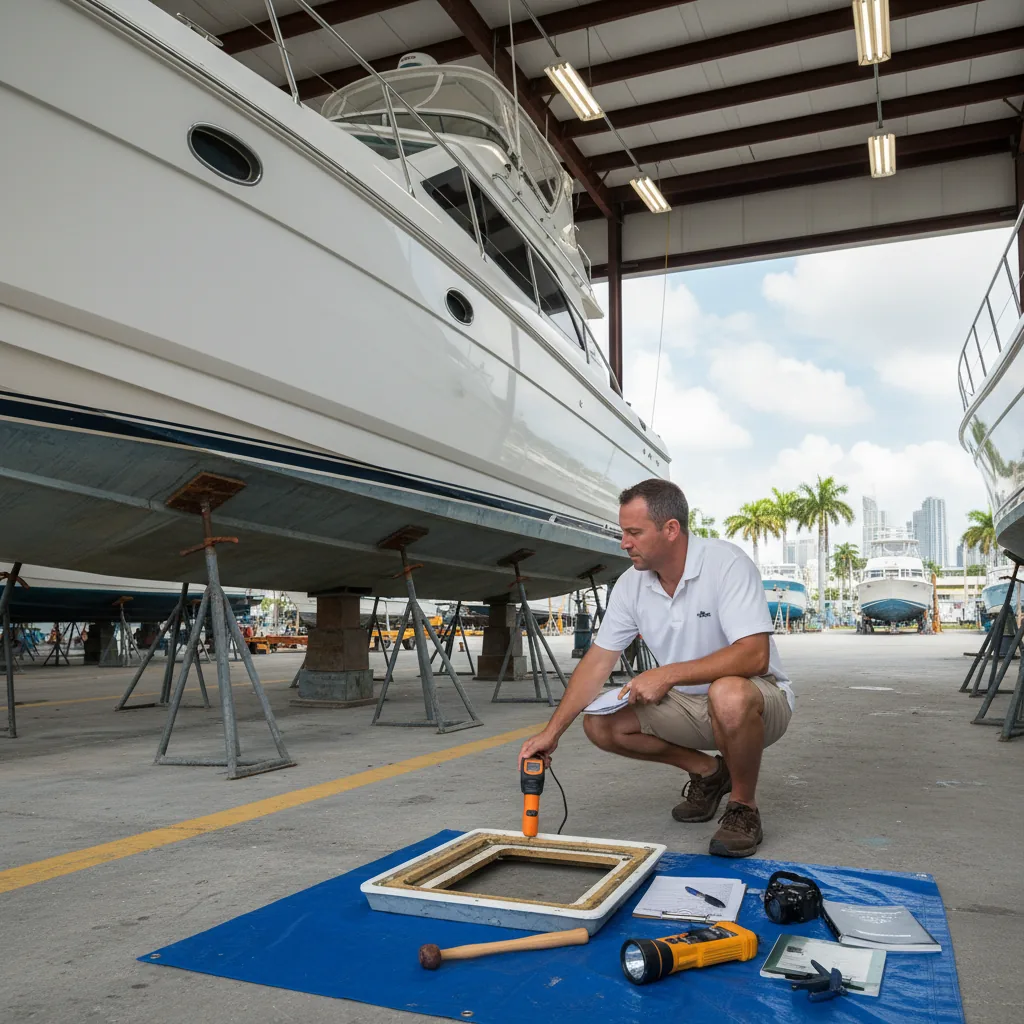 Marine surveyor inspecting a boat hull with clipboard and flashlight - Boat Repair Miami