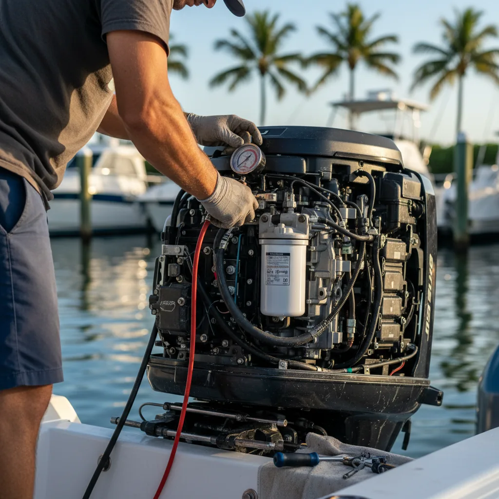 Mechanic diagnosing a sudden RPM drop on a Miami boat engine — Boat Repair Miami