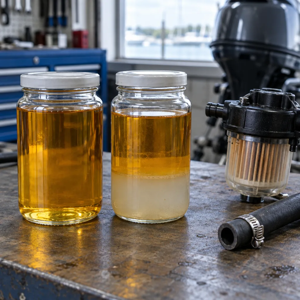 Phase-separated ethanol gasoline sample next to a clean fuel sample in a Miami marine repair shop - Boat Repair Miami