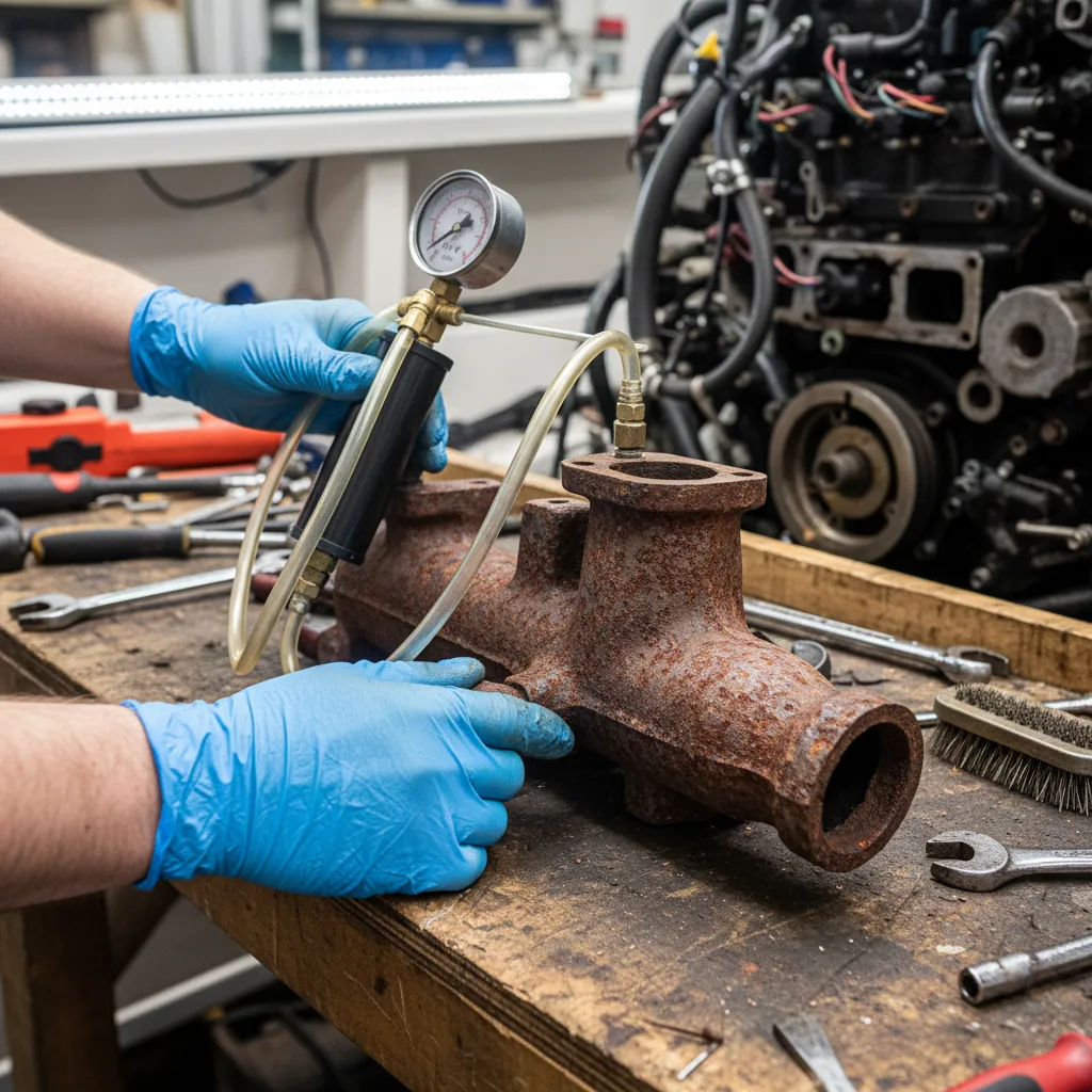 Cracked marine exhaust manifold being inspected on a Miami boat engine - Boat Repair Miami