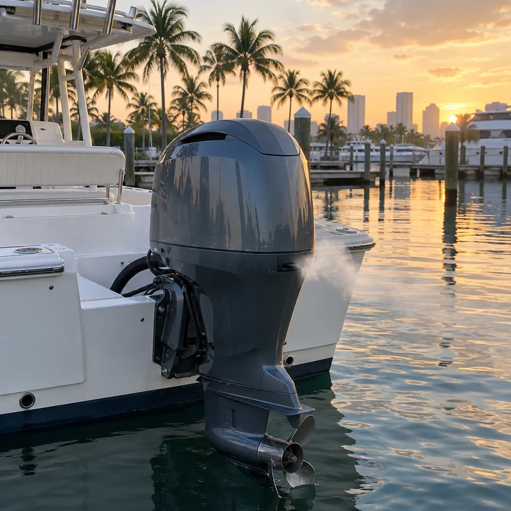 Outboard motor idling at a Miami marina with light exhaust vapor at morning start-up - Boat Repair Miami