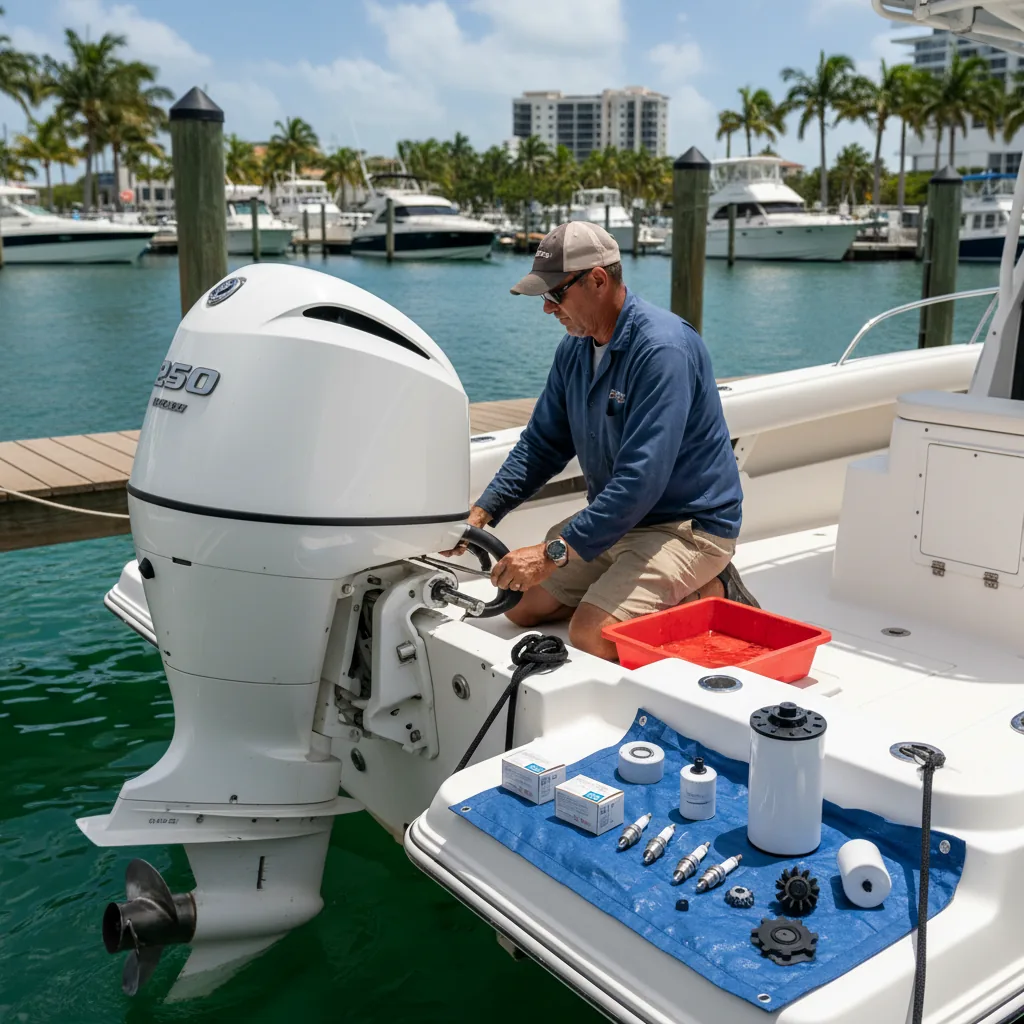Mechanic performing 100-hour service on outboard at Miami dock - Boat Repair Miami