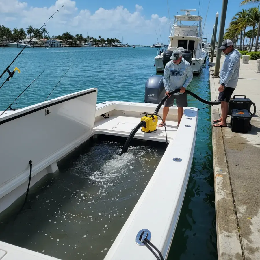 Portable bilge pump being used on a fishing boat at a South Florida marina