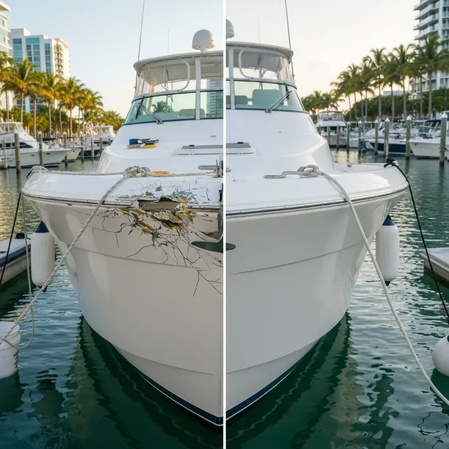 Fiberglass hull repair before and after at Miami marina