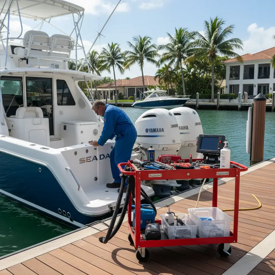 Twin Yamaha outboard motor service at South Florida dock