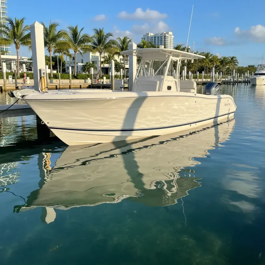 Freshly detailed center console boat at Miami marina