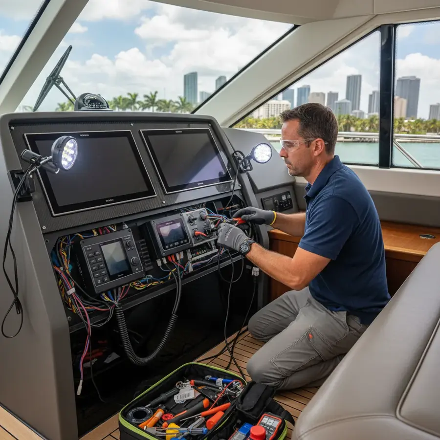 Marine electronics installation in yacht helm station