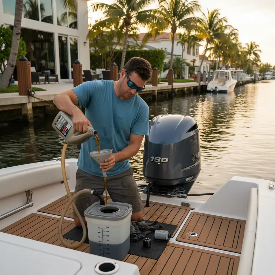 Mobile outboard engine oil change at Miami waterfront home