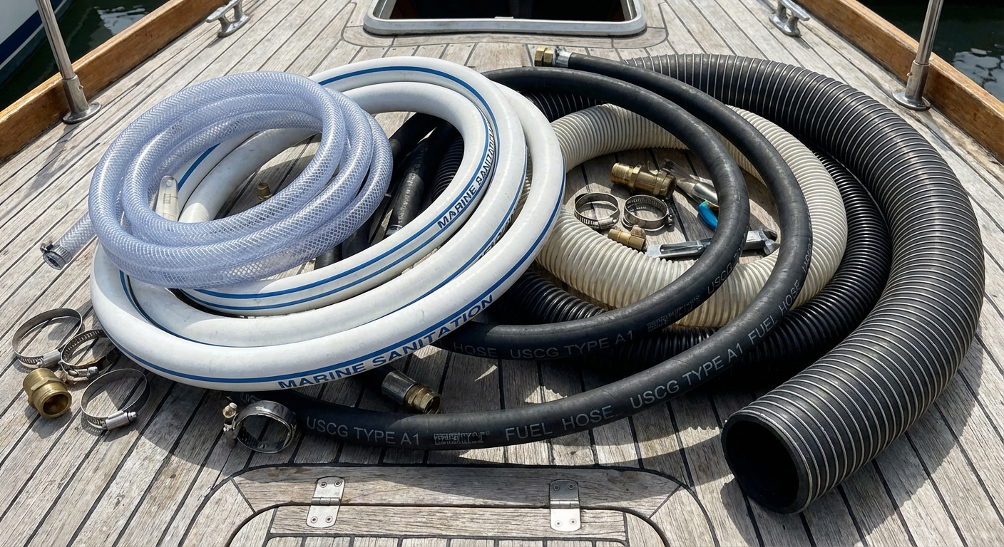 Marine plumbing hoses for boats, including sanitation, fuel, and potable water applications