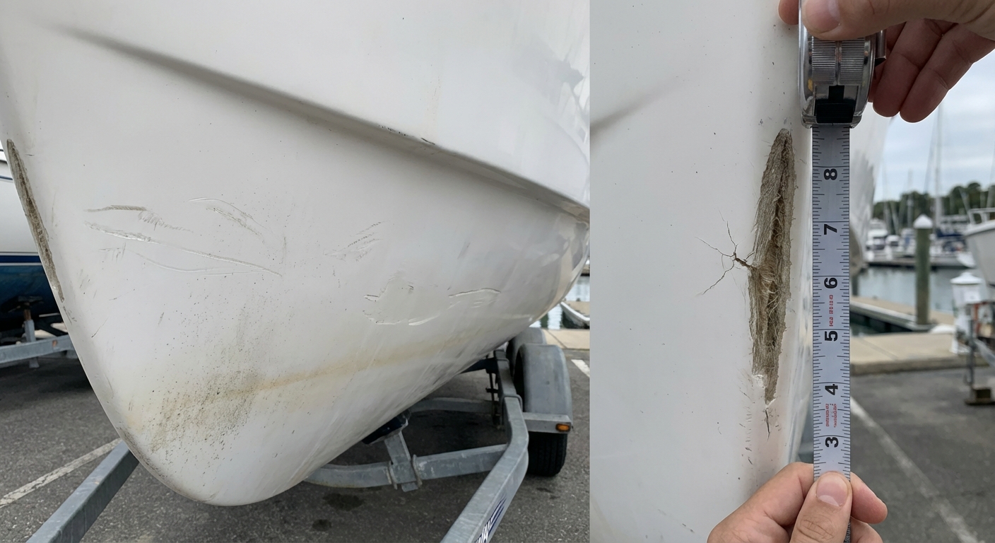 Example of boat hull scratches you can ignore and those you can't, showing both minor and serious damage on a boat hull.