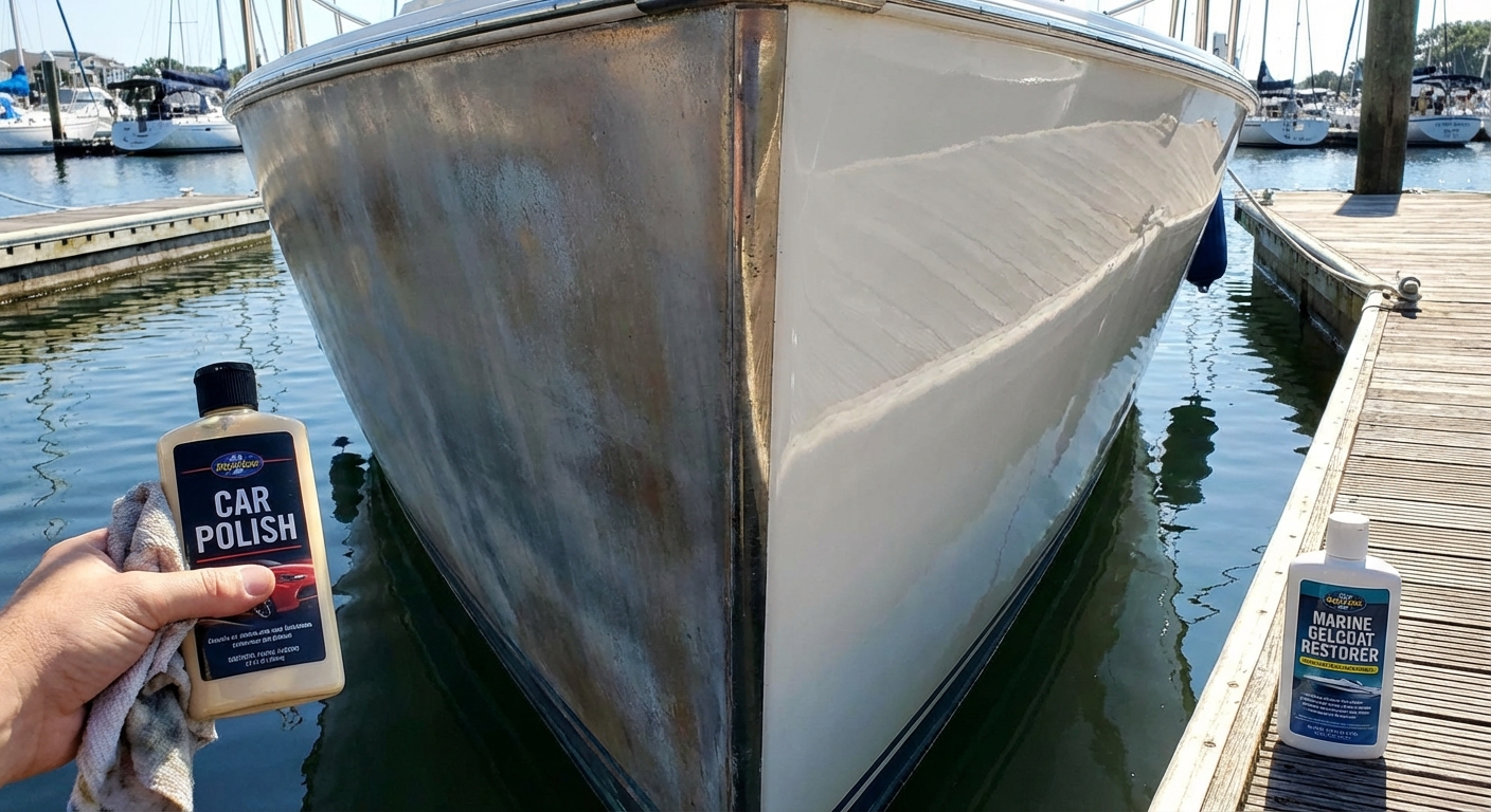 Car polish on a boat causes gelcoat damage and is a bad idea