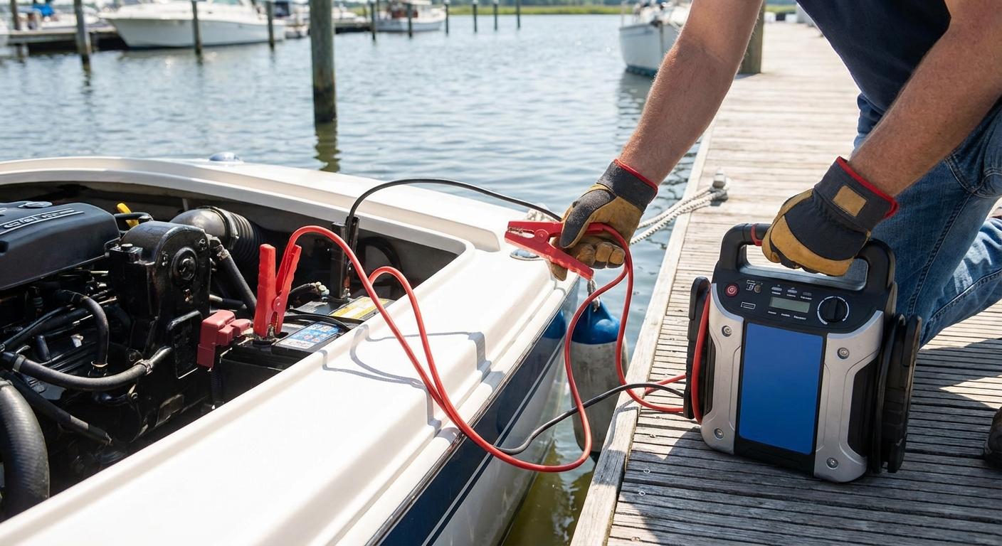 Jumpstarting a boat battery safely like a car using jumper cables on the water