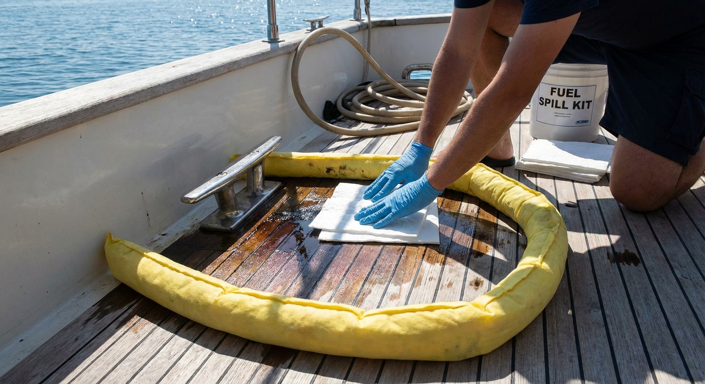 Absorbent pads and booms containing a fuel spill on a boat deck