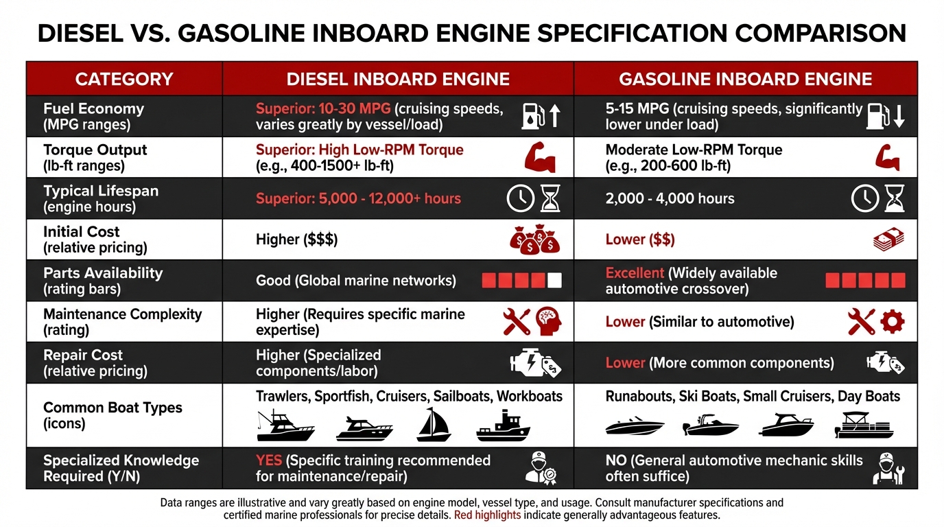 Diesel Vs. Gasoline Inboard Engine Specification Comparison