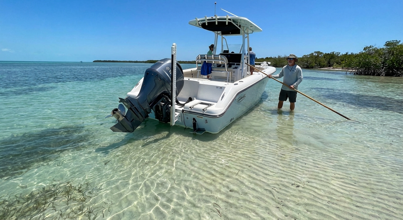 Boat stuck in shallow water with crew using push poles to get free